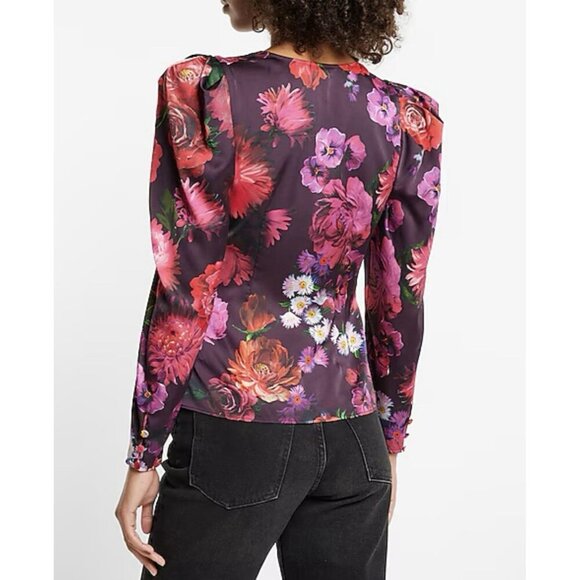 Express Women's Satin Wrap Top Size XS Floral Long Puff Sleeve V-Neck NWT $64 - Picture 2 of 16